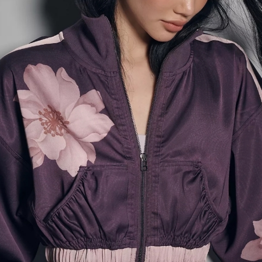 Purple Satinny Floral Crop Bomber Jacket w/wideleg Track Pant match L - Picture 7 of 8